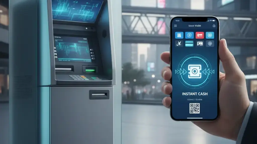 Modern ATM kiosk beside smartphone with digital wallet app open — symbolizing future of cash access.