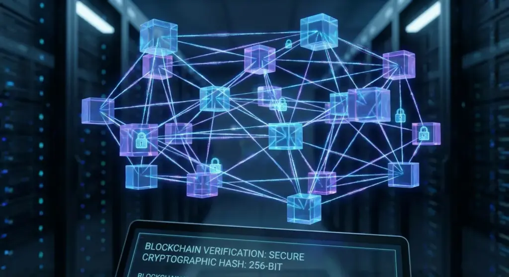 Abstract network of connected blocks symbolizing blockchain verification and cryptographic security.