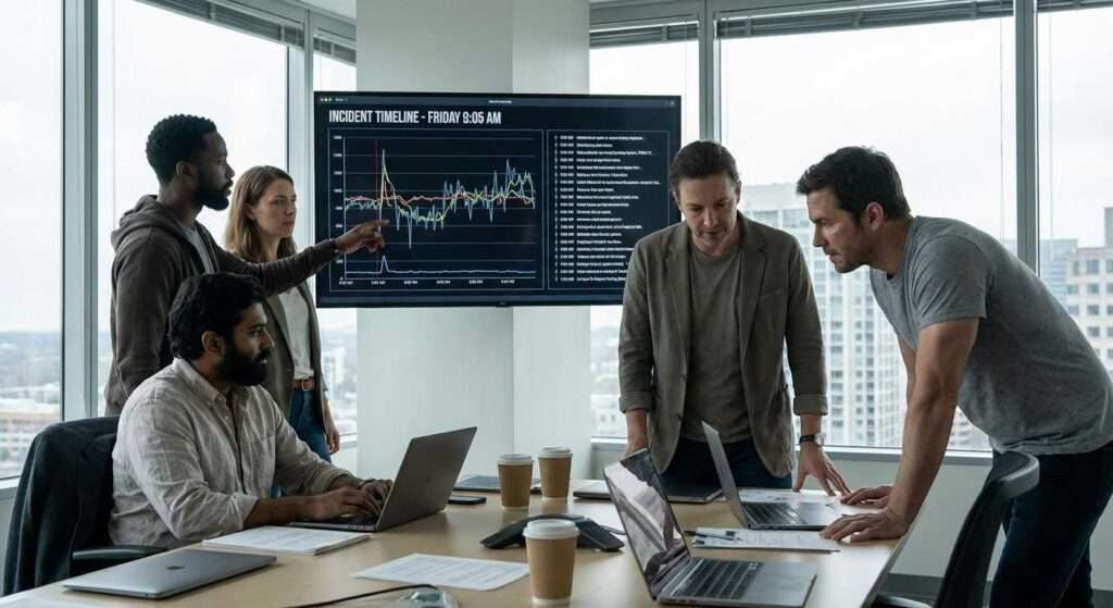 Fintech war-room on a Friday morning, incident timeline on a big screen.