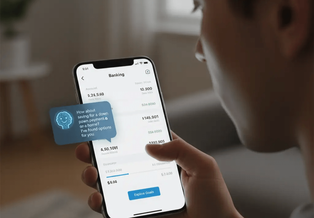 User viewing mobile banking app with AI assistant suggesting personalized financial goals.
