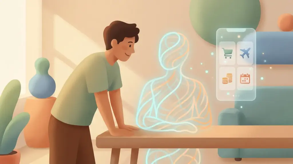 Editorial illustration of a person interacting with a glowing AI assistant figure, with icons for shopping, travel, payments, and scheduling floating beside them.