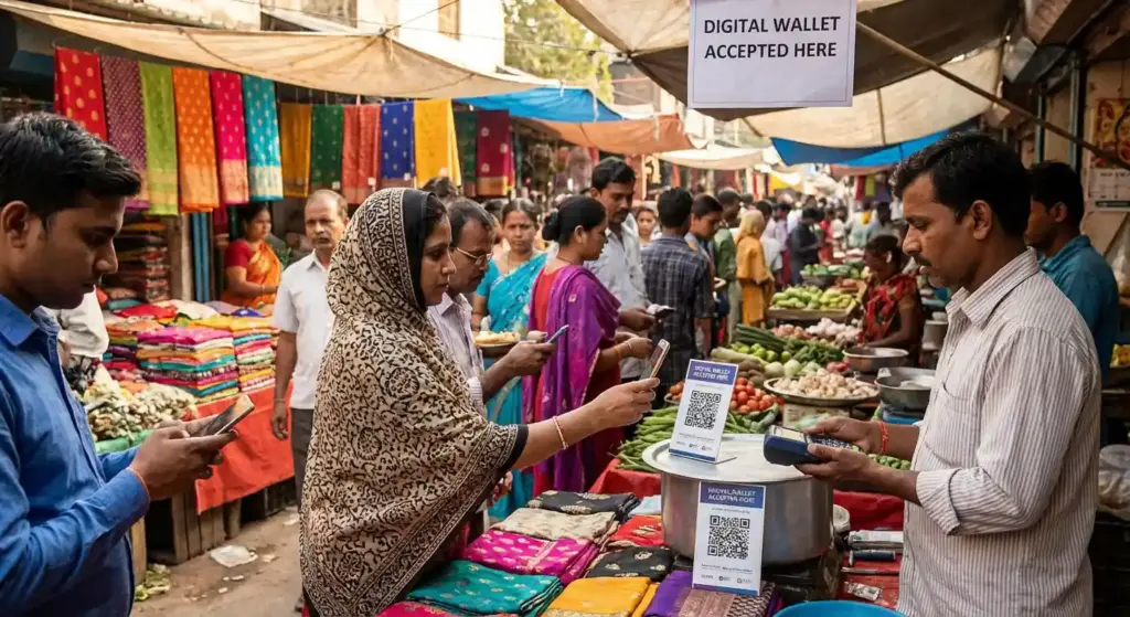 People paying with digital wallets via QR codes at a street market in an emerging economy.
