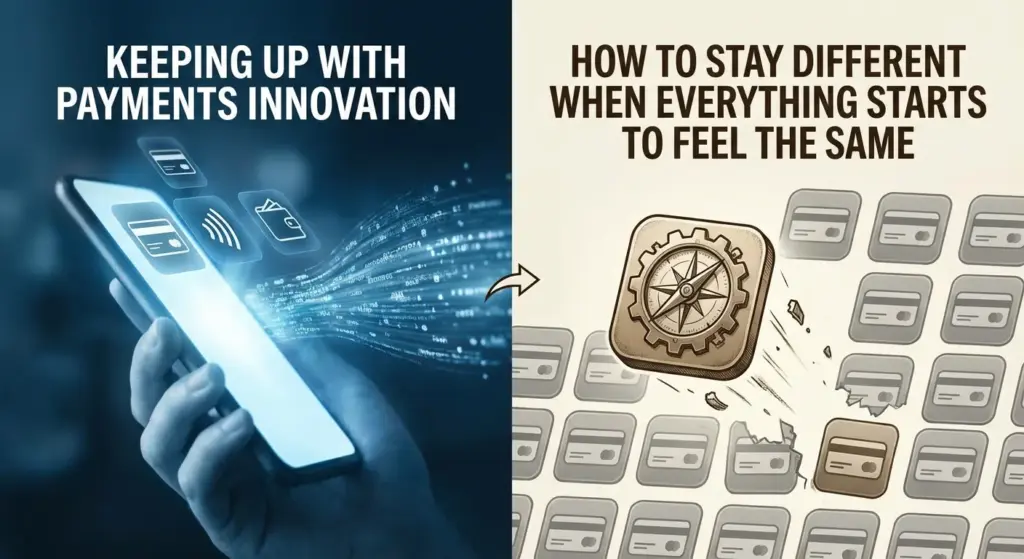 Visual metaphor of payment innovation evolving into a search for direction and distinction in a crowded ecosystem.