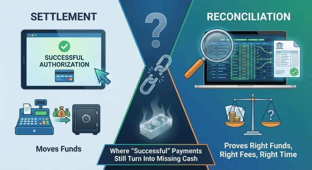 Illustration comparing settlement and reconciliation, showing why successful authorization does not guarantee correct cash flow.