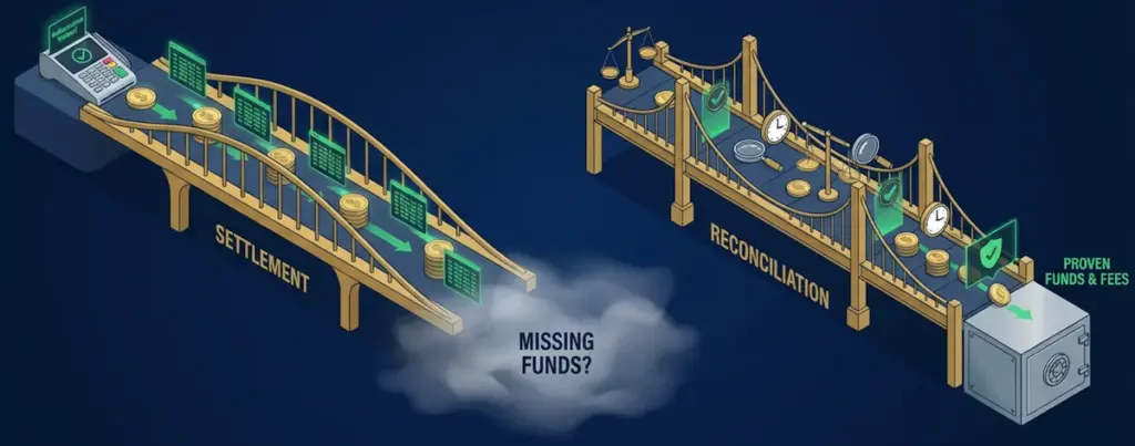 Illustration comparing settlement and reconciliation, showing how funds move and how results are verified.